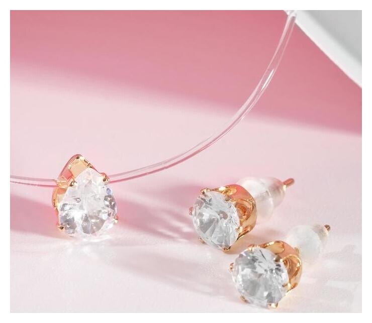 Гарнитур 2 предмета: серьги, кулон "На леске" капелька, цвет белый в золоте  