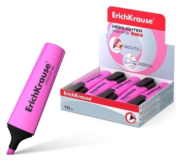 Маркер-текстовыделитель 0.6-5.2 мм, Erich Krause V-12 розовый, флуоресцентные чернила на водной основе