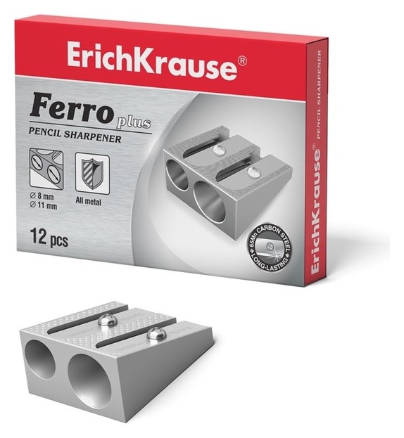 Точилка металлическая 2 отверстия Erich Krause Ferro Plus, алюминий, отверстия диаметром 8 мм и 11 мм
