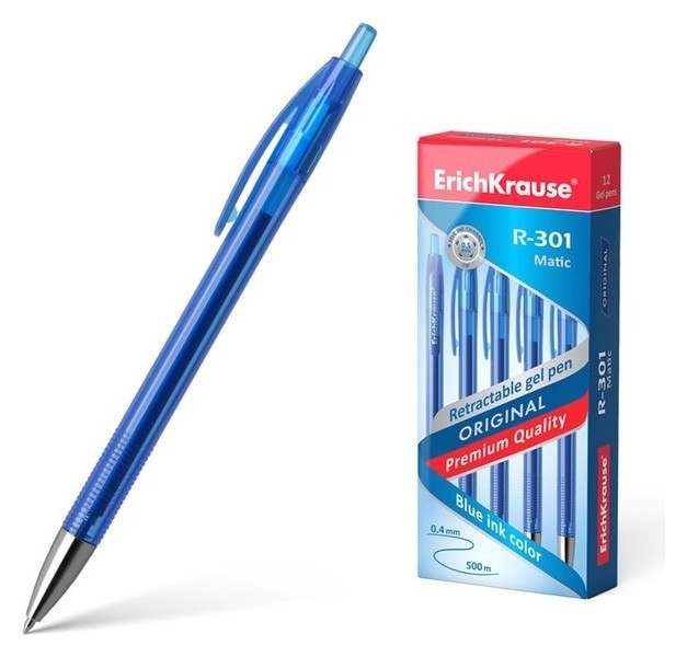 Ручка гелевая автоматическая Erich Krause R-301 Original Gel Matic, стержень синий, 0,5 мм (12 шт.)