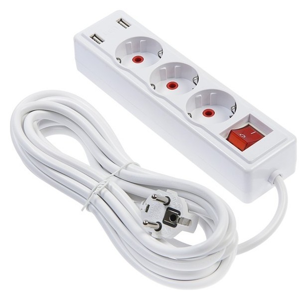 

Удлинитель Luazon, трёхместный, с выключателем, 5 м, 2200 Вт, 2 х Usb, 220 В, белый