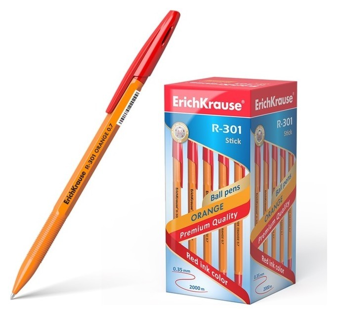 

Ручка шариковая Erich Krause R-301 Orange Stick, узел 0.7 мм, чернила красные, длина линии письма 2000 метров, штрихкод на ручке, Красный