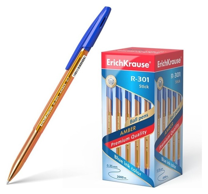 

Ручка шариковая Erich Krause R-301 Amber Stick, узел 1. мм, чернила синие, длина линии письма 1000 метров