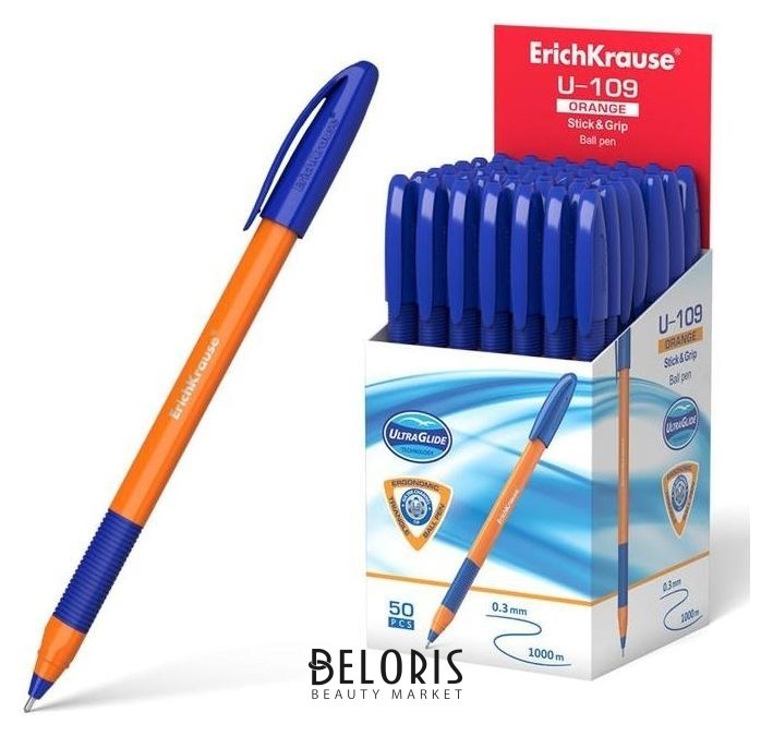 Ручка шариковая Erich Krause U-109 Orange Stick&grip 1.0, Ultra Glide Technology, синяя 47591 547166 Erich krause
