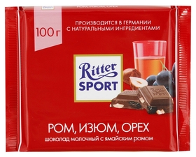 Шоколад Ritter Sport молочный ром, орех, изюм 100г Ritter sport