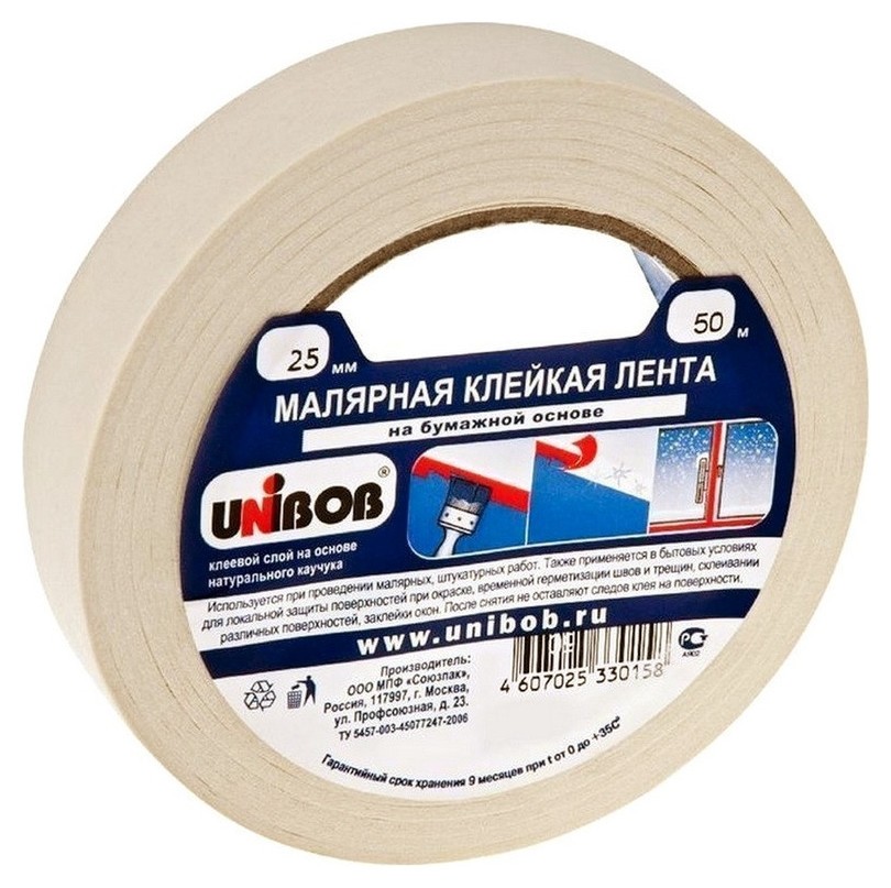 

Клейкая лента малярная Unibob 25мм х 50м, Белый