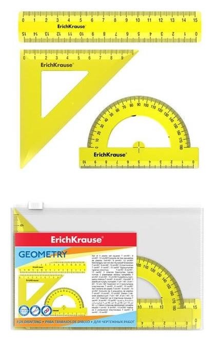 Набор чертежный малый Erichkrause Neon (Лин 15см, угольн 9см/45, тр-р 180/10см), желтый 49
