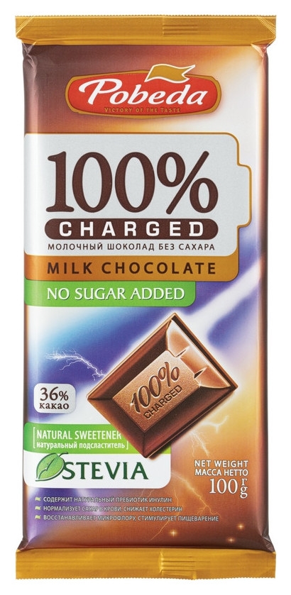 Шоколад победа вкуса Charged молочный без добавления сахара 36% какао, 100г