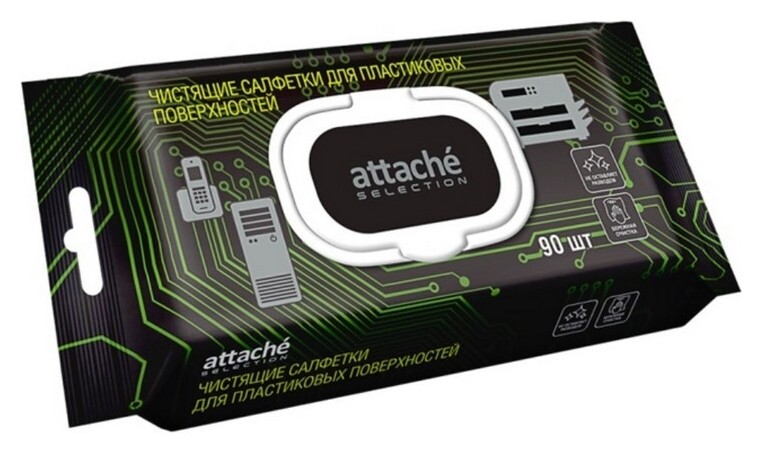 Салфетки Attache Selection для чистки пласт. поверх., с клапаном, 90 шт  Attache