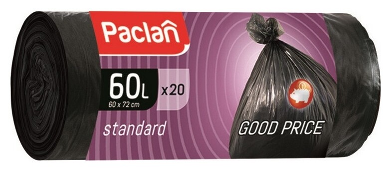 Мешки для мусора ПНД 60л 7,4мкм 20шт/рул черные 60x70см Paclan Standart Paclan