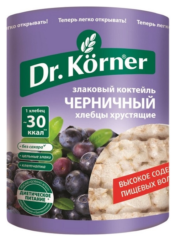 Хлебцы хрустящие злаковый коктейль черничный Dr.korner 100 гр  Dr. Korner