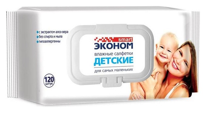 Салфетки влажные эконом Smart детские 120шт./уп. с клапаном 30108 Эконом Smart