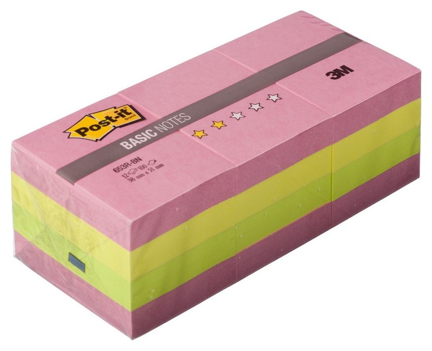 

Блок-кубик Post-it Basic 653r-bn,38х51,неон.радуга., набор 12 бл. по 10, 3 цвета