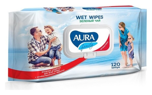 Салфетки влажные Aura антибак Family 120шт с крышкой  Aura