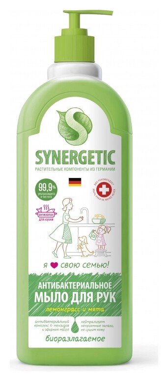 Мыло жидкое Synergetic антибактериальное, лемонграсс и мята 1л дозатор  Synergetic