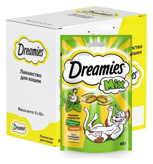 Лакомство для кошек Dreamies подушечки с мятой и курицей, 60гx6 Dreamies