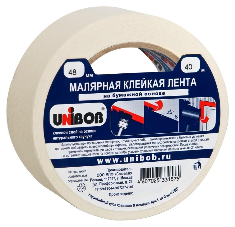 

Клейкая лента малярная 48мм х 40м Unibob белая, Белый