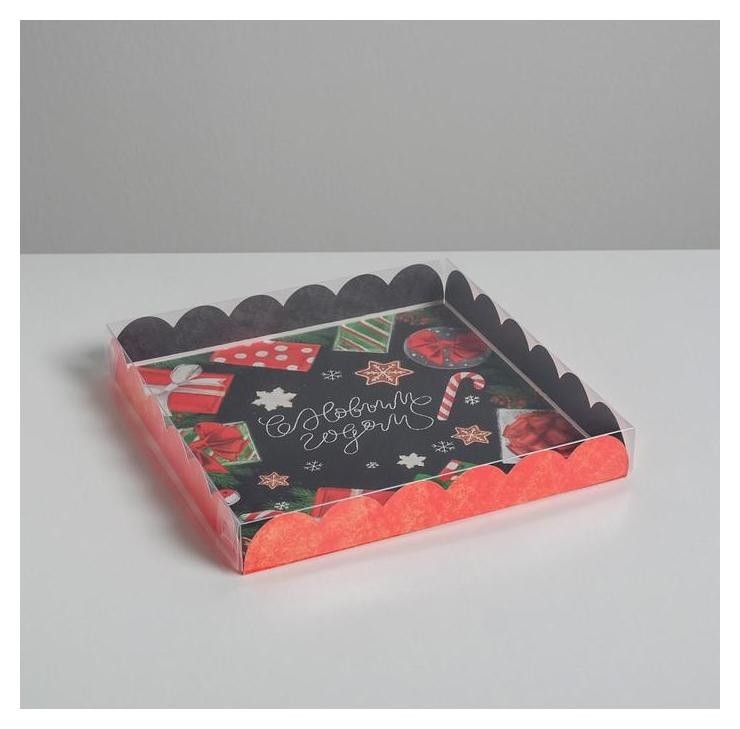 

Коробка для кондитерских изделий с PVC крышкой С Новым Годом Подарки 21 × 21 × 3 см, Красный
