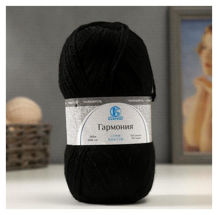 Пряжа "Гармония" 50% шерсть, 50% акрил 245м/100гр (003 черный), Чёрный