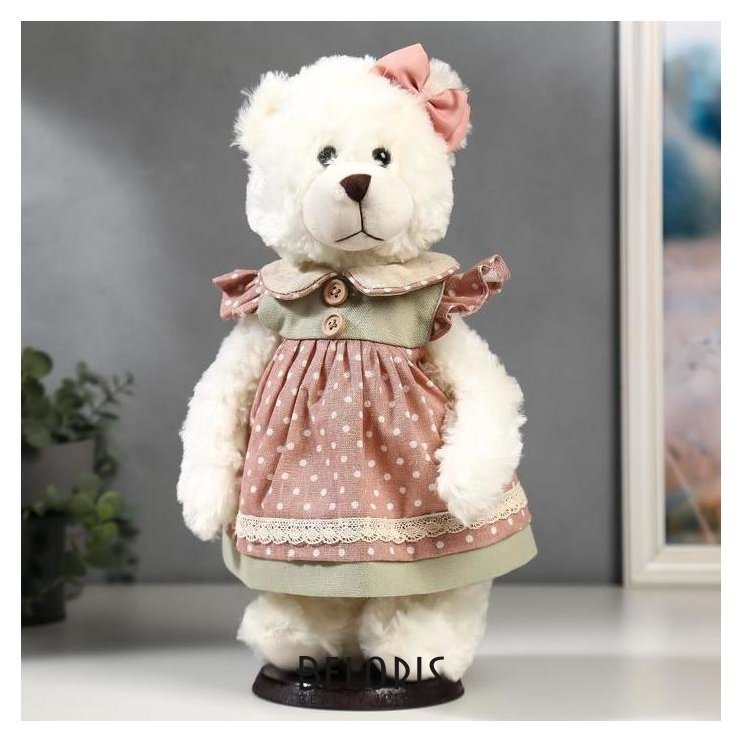 Кукла интерьерная Мишка с бантиком и в розовом платье в горошек 35 см NNB