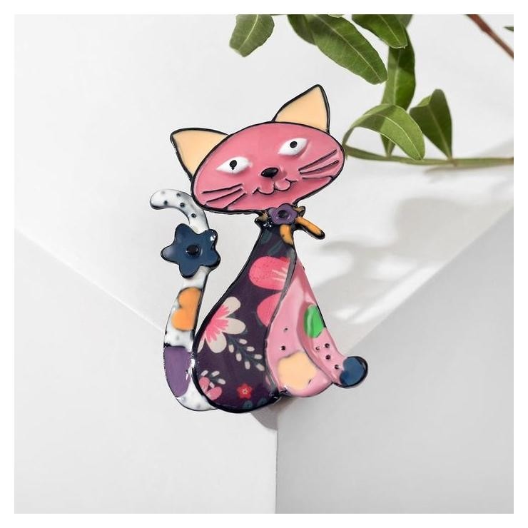 

Брошь мультяшная "Кошка", цветная в чёрном металле, Разноцветный