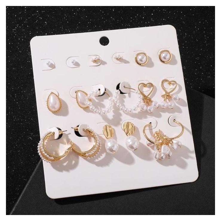 

Серьги набор 9 пар "Юность" жемчужинки, цвет белый в золоте, D=2