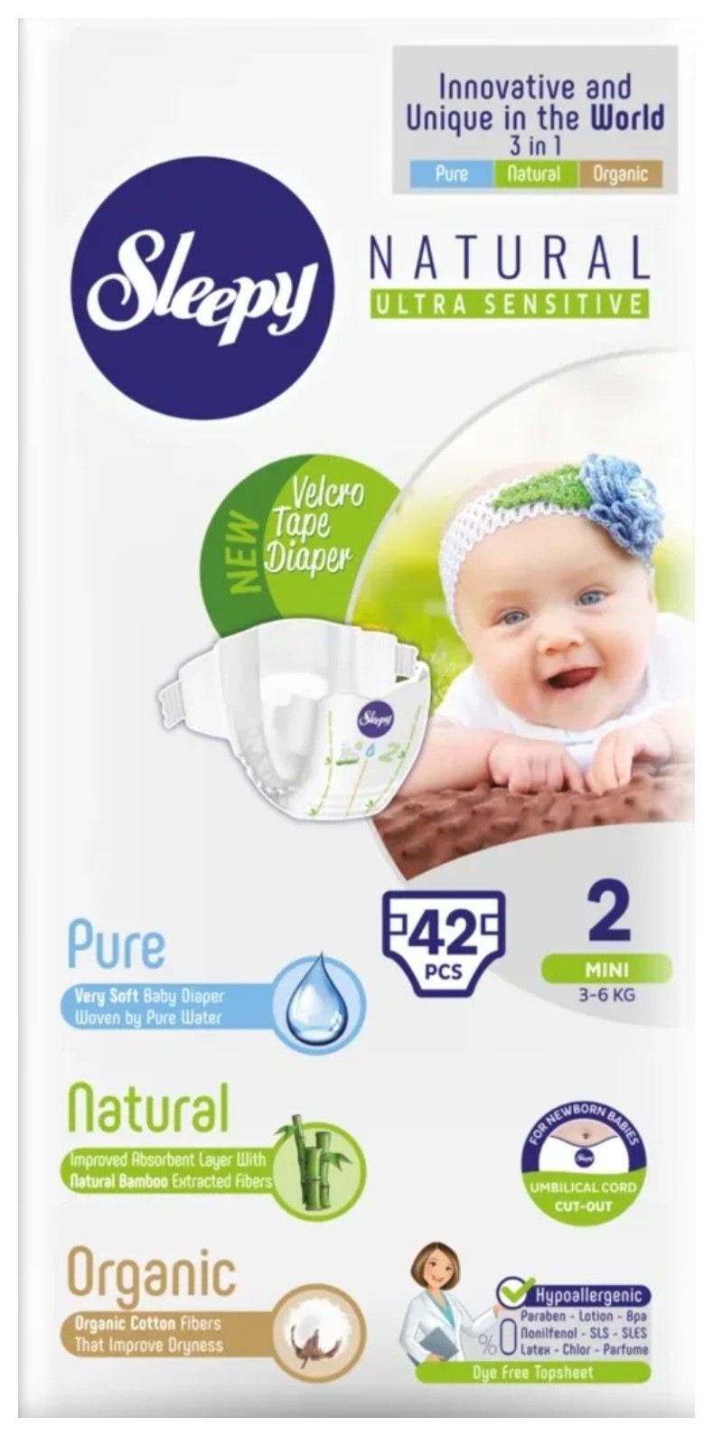 

Экологичные детские подгузники "Sleepy Natural", Mini, размер 2 (3-6 кг), 42 штуки