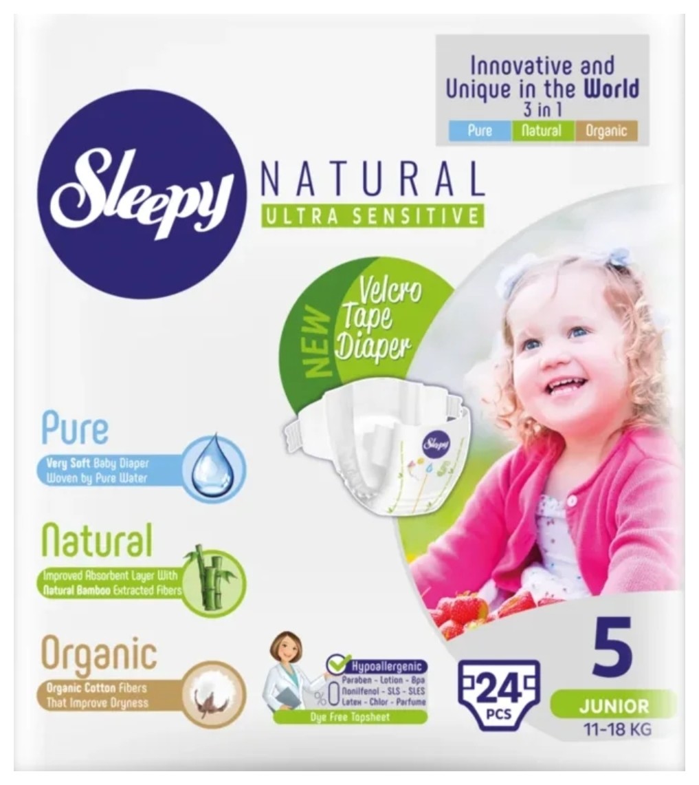 Экологичные детские подгузники Sleepy Natural, Junior, размер 5 (11-18 кг), 24 штуки