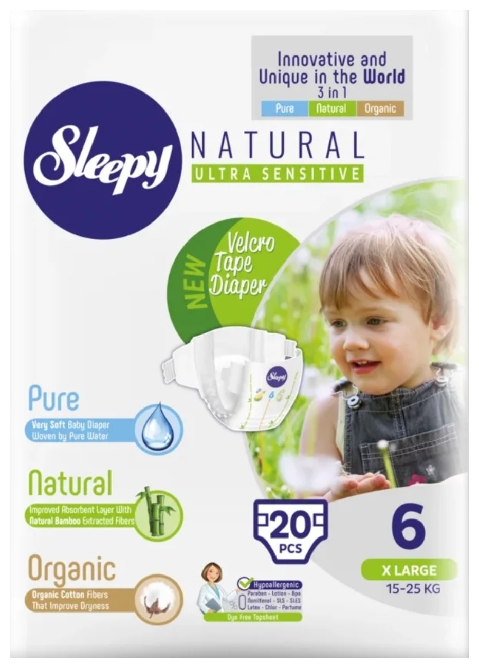 

Экологичные детские подгузники "Sleepy Natural", XL, размер 6 (15-25 кг), 20 штук