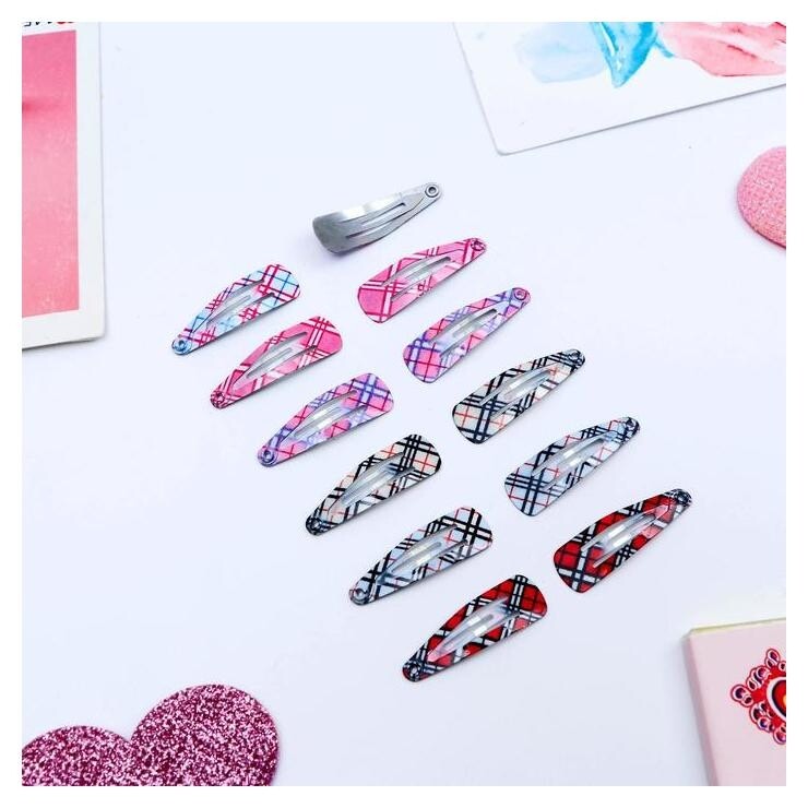 Заколки для волос "Цветик" клеточка (Набор 12 шт.)  