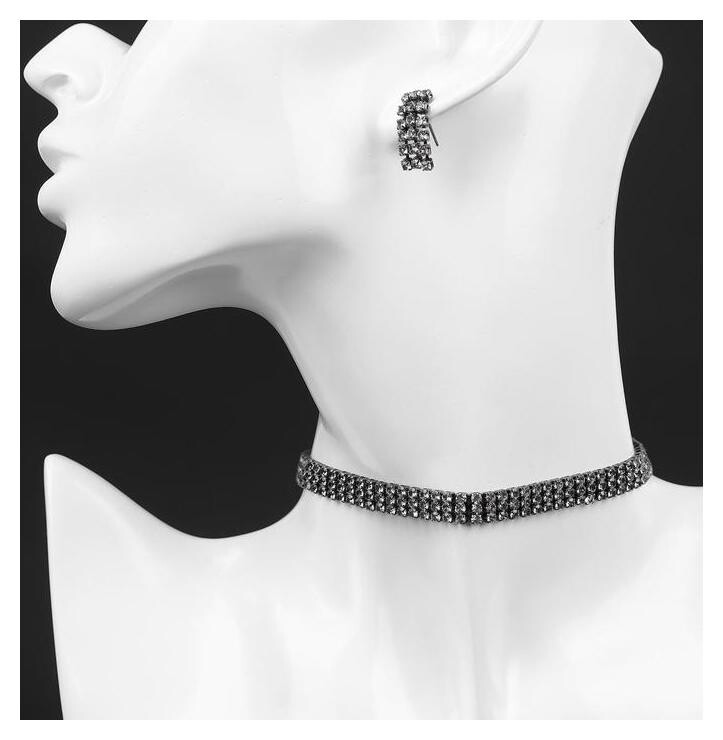 Набор 2 предмета: серьги, чокер "Лёд" три ряда, цвет серый  