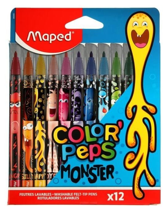 Фломастеры 12цв Maped Color'peps Monster смываемые,с заблокир.пишущ.узлом,карт.футляр