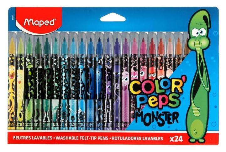 Фломастеры 24цв Maped Color'peps Monster смываемые,с заблокир.пишущ.узлом,карт.футляр