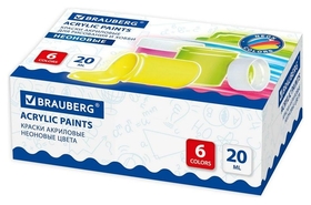 Краски акриловые для рисования и хобби "Brauberg. неоновые", 6 цветов по 20 мл Brauberg
