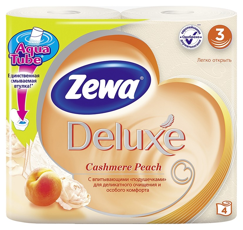 

Туалетная бумага "Zewa Deluxe" трехслойная, 4 рулона (Персик), Персиковый