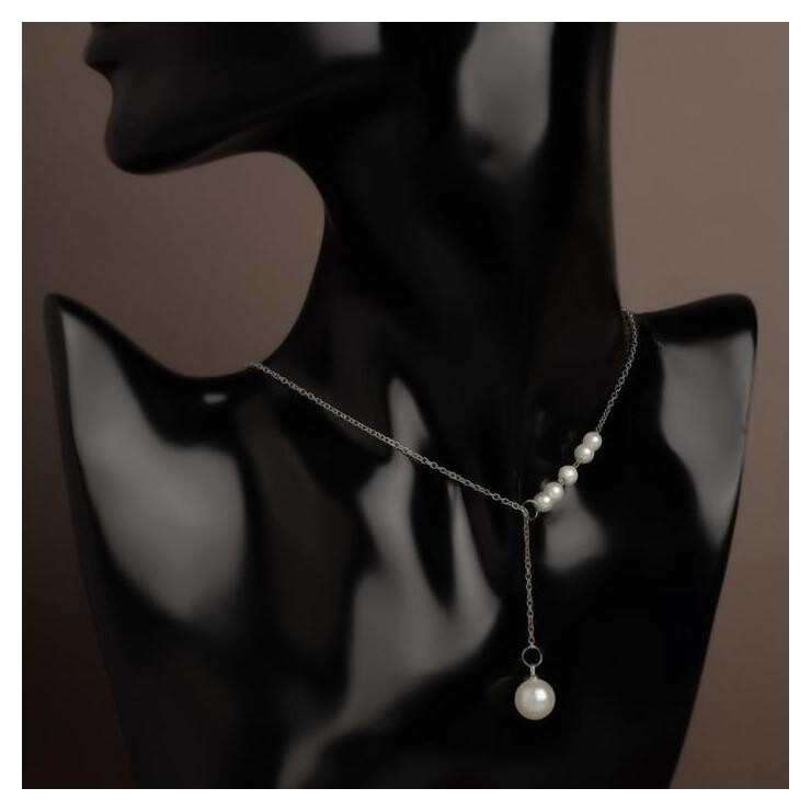 Кулон с жемчугом Цепь тонкая нить, дорожка из бусин, цвет белый в серебре A41682 ,30см Queen fair