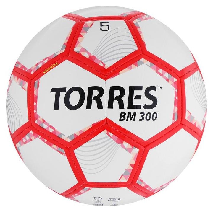 Мяч футбольный Torres BM 300, размер 5, 28 панелей, глянцевый Tpu, 2 подкладочных слоя, машинная сшивка, цвет белый/серебряный/красный