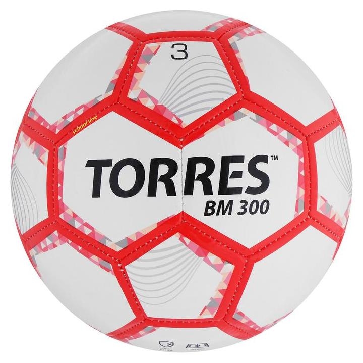 Мяч футбольный Torres BM 300, размер 3, 28 панелей, глянцевый Tpu, 2 подкладочных слой, машинная сшивка, цвет белый/серебряный/красный