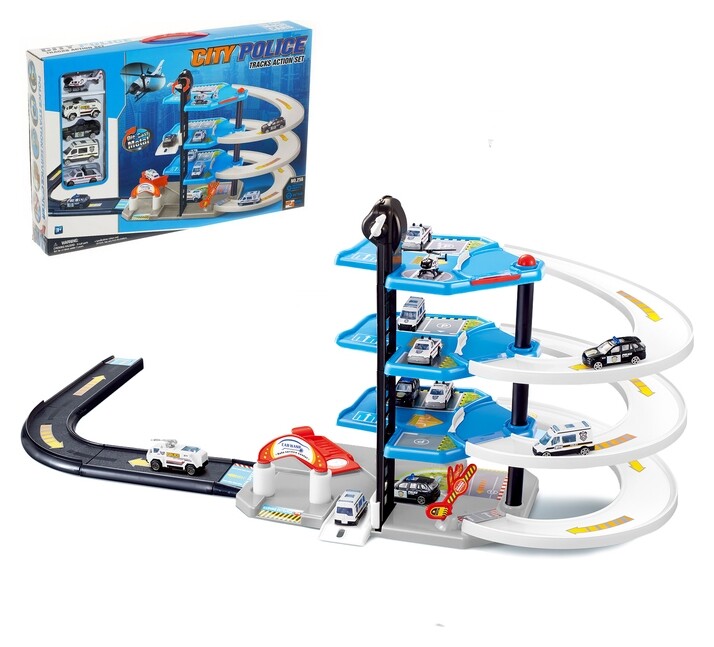 Парковка «Городская полиция», с металлическими машинами и вертолётом  