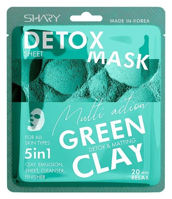 Маска-эмульсия для лица тканевая очищающая 5 в 1 Зеленая глина Detox Mask Green Clay  Shary