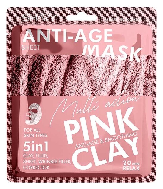 Маска-флюид для лица тканевая омолаживающая 5 в 1 Розовая глина Anti-Age Mask Pink Clay  Shary