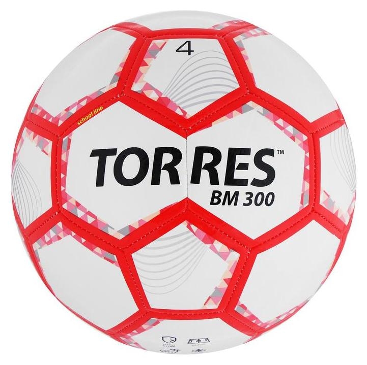 Мяч футбольный Torres BM 300, размер 4, 28 панелей, глянцевый Tpu, 2 подкладочных слоя, машинная сшивка, цвет белый/серебряный/красный