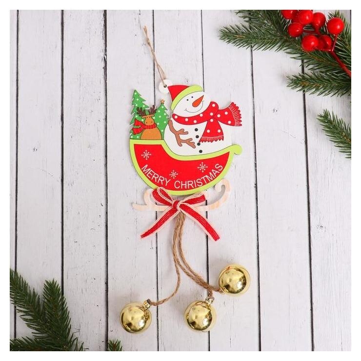 Украшение ёлочное "Сани с шариками" снеговик 10х23 см Зимнее волшебство