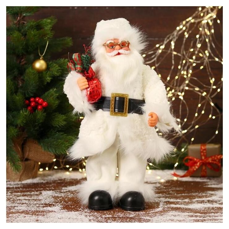 Дед мороз "В меховом белом костюмчике, с мешком" двигается, 20х40 см  Зимнее волшебство