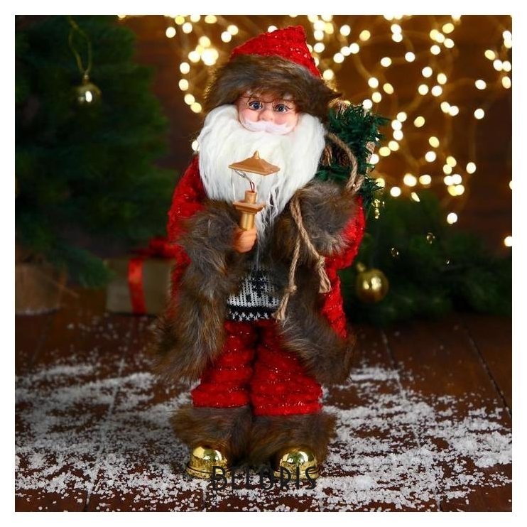Дед мороз В свитере и шубке с коричневым мехом двигается, фонарь светится, 15х35 см Зимнее волшебство