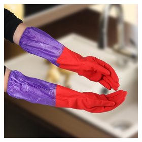 Перчатки хозяйственные резиновые с утеплителем, размер L, длинные манжеты, 110 гр, цвет красный 