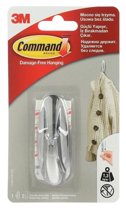 

Легкоудаляемый крючок дизайн Command 17081chr, хромированный, средний, до 1,35кг, 1шт