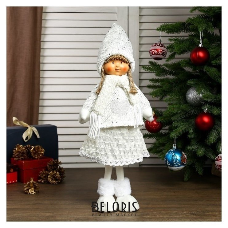 Кукла интерьерная Девочка валя в белом свитере с сердечком 55х14х19 см NNB