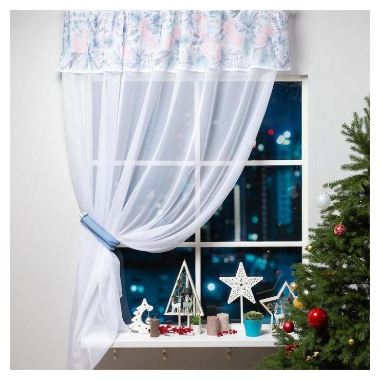 

Тюль с подхватом и ламбрекеном "Christmas Flowers" 250х200см, 100% п/э, вуаль
