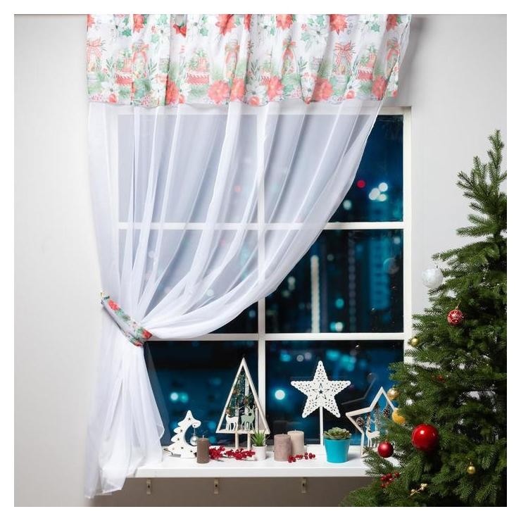

Тюль с подхватом и ламбрекеном "Christmas Red Flowers" 250х200см, 100% п/э, вуаль
